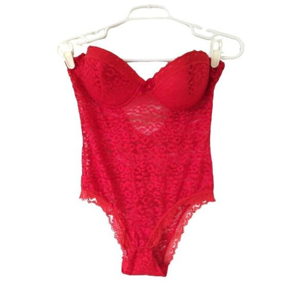Black Fuchsia Red Lace Bodysuit lingerie bustier size  L - Picture 1 of 4